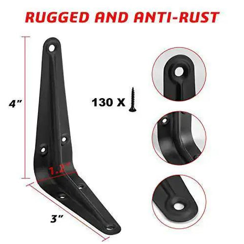 Beefed Up Heavy Duty Black Metal Floating Shelf Brackets Set 4x3 Inch L Brackets with screws, close-up rugged and anti-rust