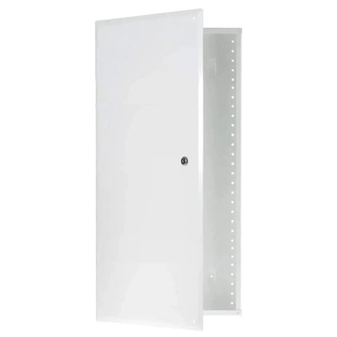 Front view of 28 Inch Structured Media Enclosure With Hinged Locking Door 20 Gauge Steel Flush Or Surface Mount for clean wall install.