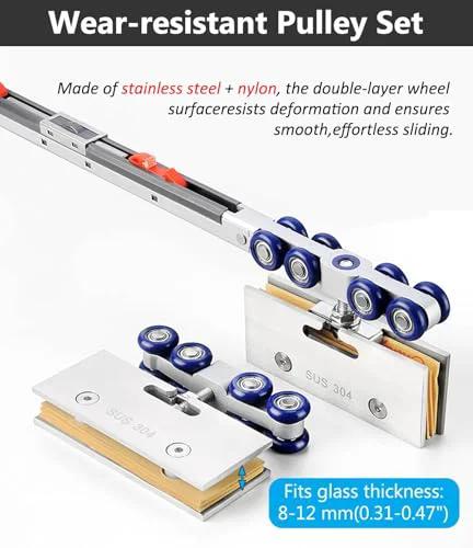 Wear-resistant pulley set for Soft Close Sliding Door Track Kit For Glass And Pocket Doors with 9.5 ft rail, fits 8-12mm glass