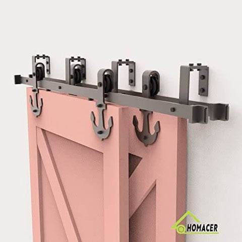 Black Rustic Double Track U Shape Bypass Sliding Barn Door Hardware Kit For Two Doors 4.5ft Flat Track installed view