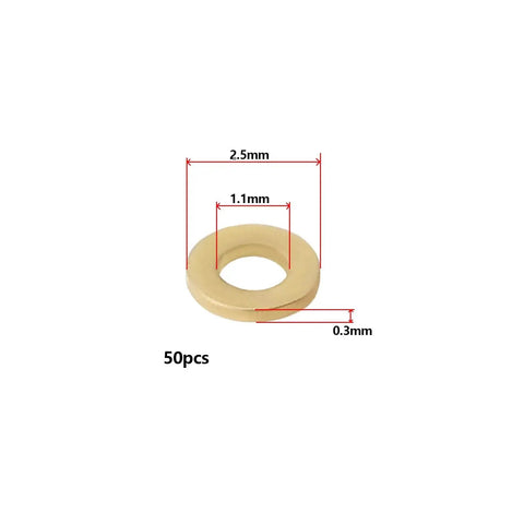 50 Pcs M1.0 Brass Washers Flat Copper Sealing Washers Gaskets for electronics, hardware, lighting, furniture; dimensions shown.