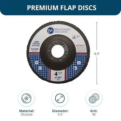 Premium Pro Grade High Density Jumbo Zirconia Type 27 Flap Discs For Angle Grinder 4.5 Inch Diameter With 7 Eighths Inch Arbor 40 Grit 10 Pack For Finishing Blending Deburring And Rust Removal Benchmark Abrasives