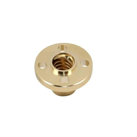 Close-up of a brass T8 nut for 8mm lead screw with 2mm pitch, 4 starts, part of 4 Pack T8 Brass Nut For 8mm Lead Screw, ideal for 3D printer Z axis.