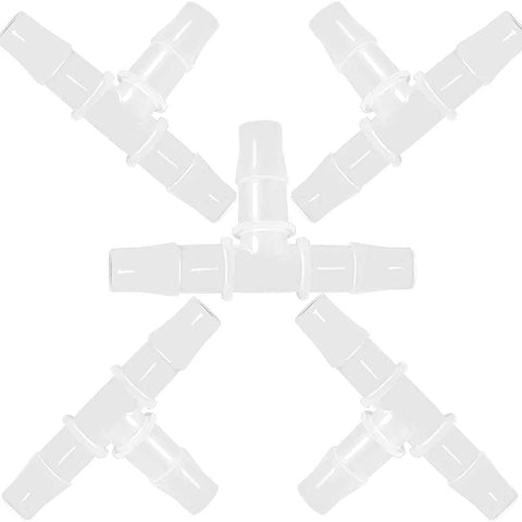 Pack of 5 white 1/4 inch barb tee fittings, 3-way hose splicers for fuel, gas, liquid, air