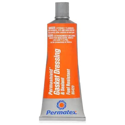Front view of Fuel-Resistant Gasket Dressing And Sealant, Orange, 2 Oz Tube, Flexible At High Temps, with gray cap.