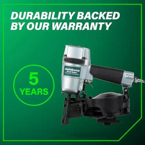 Pro-Grade Pneumatic Roofing Nailer For Asphalt Shingles, heavy duty side view, 5-year warranty highlighted.