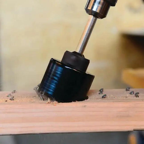 Hex10 HSS Hole Saw Pilot Bit For Wood And Metal, 1/4 Inch Shank By 7-1/8 Inch Length, installed on drill in wood