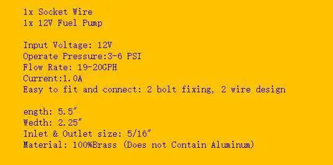 Specifications for 12V Heavy Duty Electric Fuel Pump For Motorcycle Carburetor ATV Trucks Boats Gas And Diesel Engines 2.5 To 4 PSI HEP02A High Flow Workhorse Delivers Reliable Fuel On The Go with details on input voltage, pressure, and materials.