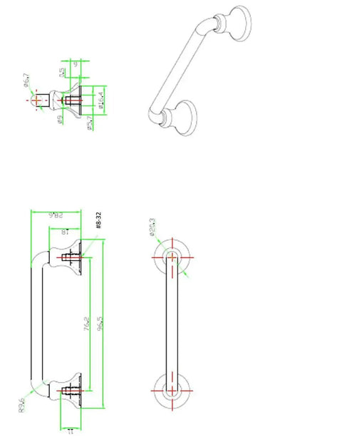 Technical drawing of Toulon Collection Matte Black Round Cabinet Pull, 3 Inch Center To Center Traditional Drawer Handle dimensions