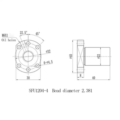 Technical drawing of 12mm Ball Screw With SFU1204 RM1204 Anti Backlash Linear Motion Screw Set dimensions, 420mm long, 4mm lead.