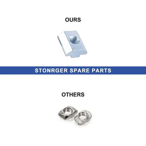 Comparison of our sturdier T-nuts and lower quality T-nuts with text 'Stonrger Spare Parts' in the center, showcasing product durability.