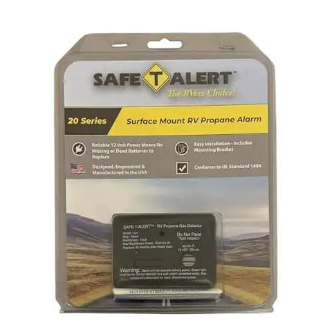 Compact Propane Gas Alarm For Rvs With Surface Mount, 20 Series Mini LP Gas Detector packaging for travel trailers and campers.