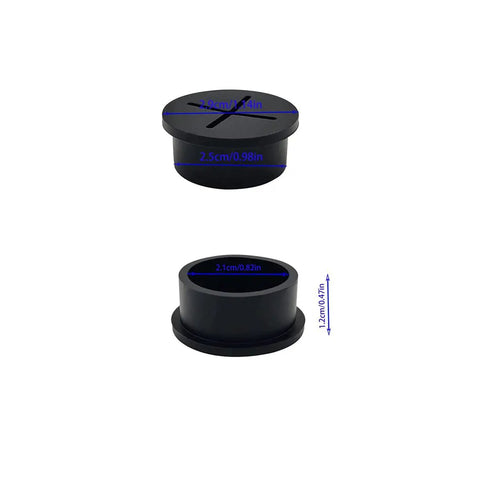 6 Pack 1 Inch Silicone Cable Grommets for Desk and TV Console Black, top and side view with measurements visible