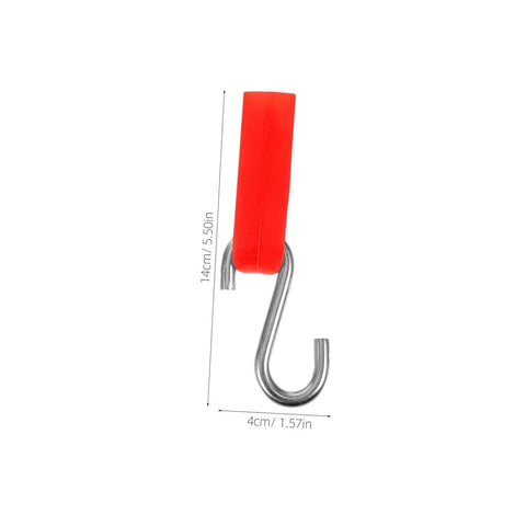 Red metal Smart Pool Float Hanger Hook And Floating Line Clamp by Parliky, side view, 14cm height, 4cm width, for securing lines.