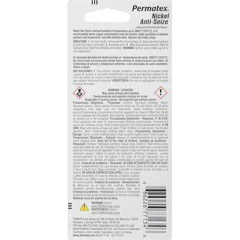 Back view of Permatex Nickel Anti Seize Lubricant package detailing product information and safety instructions.