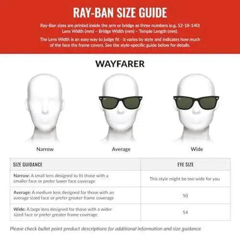 Wayfarer size guide with narrow, average, wide fits for Original Wayfarer Polarized Sunglasses With Photochromic Clear To Gray Lenses