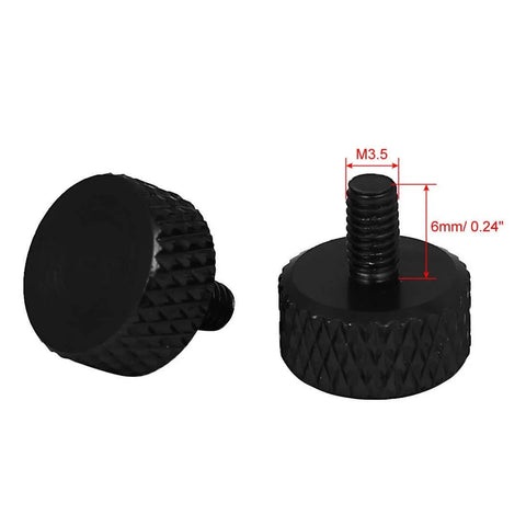 Two black knurled thumb screws, size M3.5-0.6x6mm, flat head, shown from side and top view, for easy hand install in PC builds and upgrades.