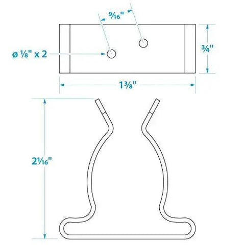 Technical diagram of Deckside Must Have Polished Stainless Steel Spring Clamps Pack Of Two For Boat Hooks Hoses And Gaffs Storage Fits One Inch To One And Three Quarter Inches Pre Drilled For Six Fasteners Not Included Seachoice with measurements.