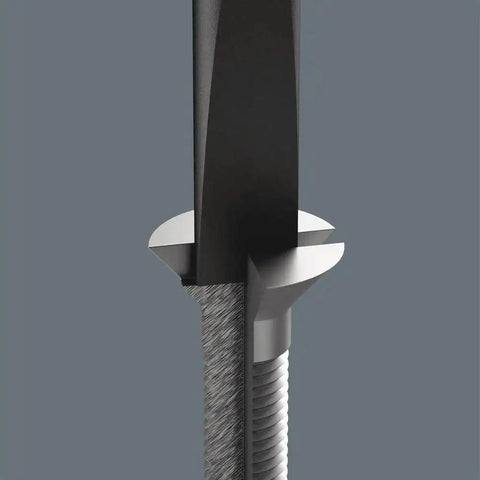 Close-up of ESD Safe Kraftform Micro Slotted Screwdriver tip engaging precise slotted screw, showing black point tip and screw groove interaction.
