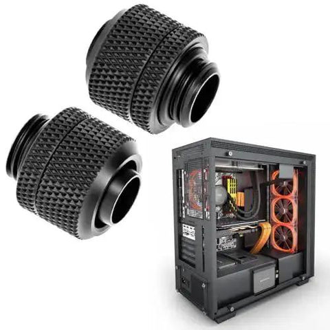 Six Pack Copper Compression Fittings For Water Cooling Systems For Gaming Rigs And PC Setups next to PC case