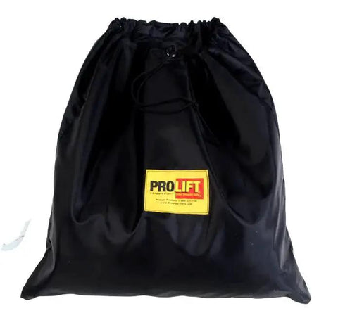 Front view of black ProLift shoulder dolly storage bag with drawstring closure and yellow patch
