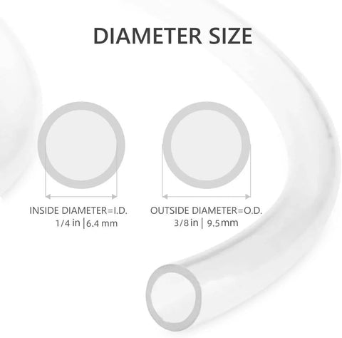 10 Ft Clear Vinyl Tubing 1 Quarter Inch ID Flexible Hybrid PVC Hose showing inside and outside diameter measurements