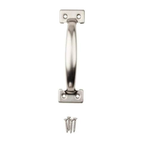 Stainless Steel Pull Handle For Drawers And Doors 6-1/2 Inch Length N349-001 V671 shown with fasteners, ornamental design, corrosion resistant