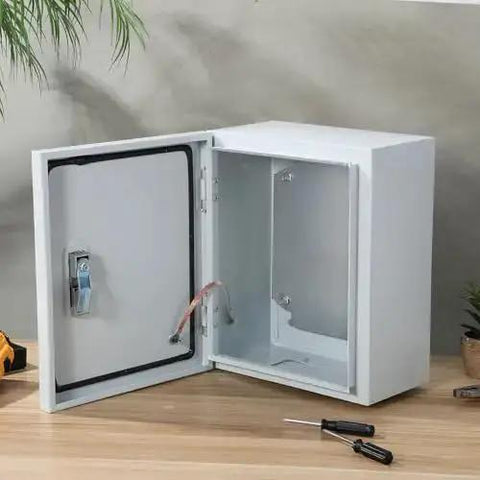 Open Metal Junction Box 250x300x140mm Rugged Wall Mounted Electrical Enclosure For Outdoor Use on a table