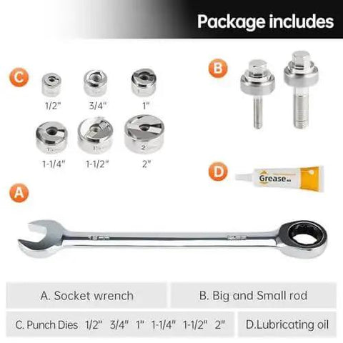 Manual Knockout Hole Punch Driver Kit 1/2 To 2 Inch Conduit Cutter Set with chromed punch dies, components labeled A to D