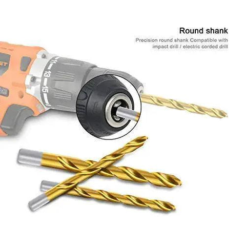 Titanium Drill Bit Kit Set for Metal and Wood, 230-Piece Pro Grade with Titanium Coated HSS Bits, 118 Degree Tip shown with drill.