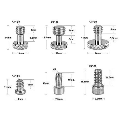 Image of 16 Piece Screw Nut Kit with 1/4-20, 3/8-16 and M5 threads for DSLR cage rigs and camera accessories, showing various screw sizes.