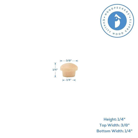 Maple Wood Screw Hole Plugs 1/4 Inch Pack Of 100 With Button Top Mushroom Caps, showing size dimensions and craft logo
