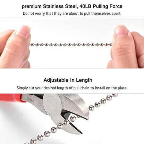 Hands holding Stainless Steel Ball Chain 3.2mm Pull Chain 36 Inch, Rustproof with Strong 40 Pound Pull, demonstrating adjustable length.