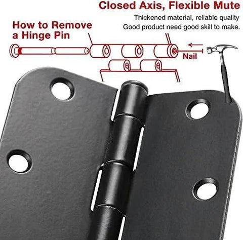 Close-up of 36 Pack Matte Black Door Hinges Three And A Half Inch Radius 6 Holes Interior Easy Install Includes Screws, showing hinge pin removal diagram.