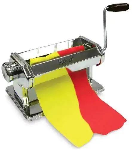 Pro Grade Ultimate Clay Machine For Polymer Clay Crafters, Stainless Steel, showing wide clay path, rollers, and handle with colored sheets