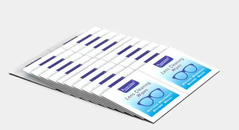 Stack of Anti Fog Wipes For Glasses And Screens Pre Moistened Quick Dry 100 Pack, individually wrapped and displayed on a white background