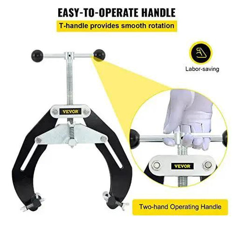 Heavy Duty Pipe Clamp For 2 To 6 Inch Pipes With Ultra Clamp Technology and Quick Acting Screws, showing T-handle and labor-saving design.