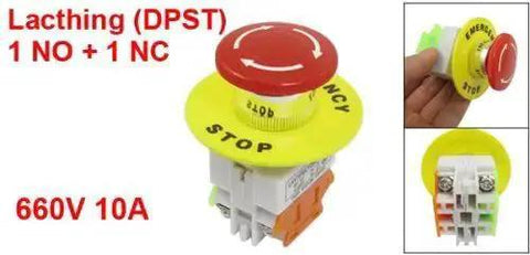 Two Pack 22mm Latching Emergency Stop Push Button Switch Red With 60mm Sign, 1NO 1NC DPST, 660V Rated, shown in various angles