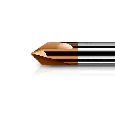 Side view of Carbide Chamfer End Mill 90 Degree With One Quarter Inch Shank Two Inch Overall Length Tisin Coated 3 Flute V Groove Cutter