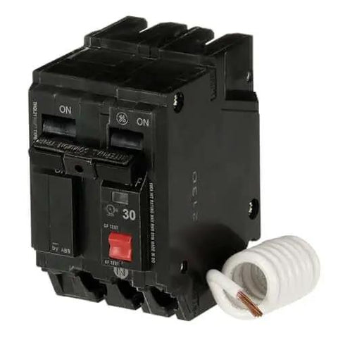 THQL2130GFT 30A Double-Pole GFCI Circuit Breaker Self-Test for 120/240 VAC, black with coil, front side view.