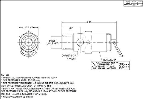 Pressure relief valve, industrial hard-seat, brass, 1/4 in NPT, USA-made for Ingersoll Rand 31385693, 200 PSI
