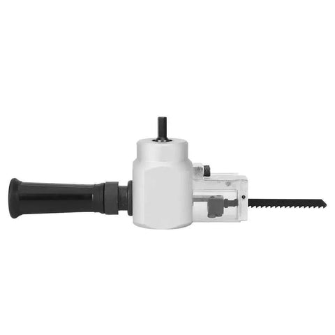 Side view of Dual Head Sheet Metal Cutter Nibbler Drill Attachment Kit with wrench, portable electric drill shears for cutting metal sheets.