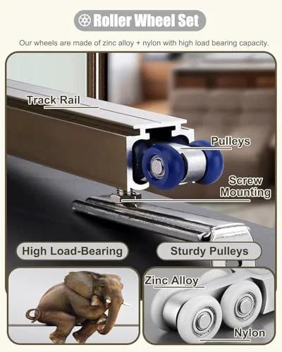Close-up of a ceiling-mounted zinc alloy and nylon roller wheel set with track rail and pulleys for soft close pocket door track kit.