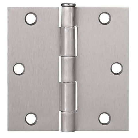 Interior door hinge, 3.5 x 3.5 inches, satin nickel, heavy-duty steel, front view.