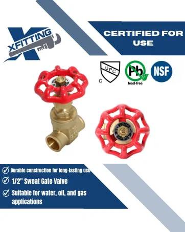 XFITTING 1/2 in sweat gate valve, brass body with red wheel handles, 2 pieces