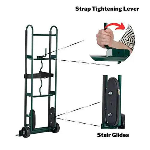 Appliance Hand Truck 800 Lb Capacity With Industrial Strap Dark Green showing strap lever and stair glides close-up.