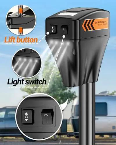 Close-up of Electric Trailer Tongue Jack 7500LB 12V DC With LED Light for A Frame RV highlighting lift button and light switch.