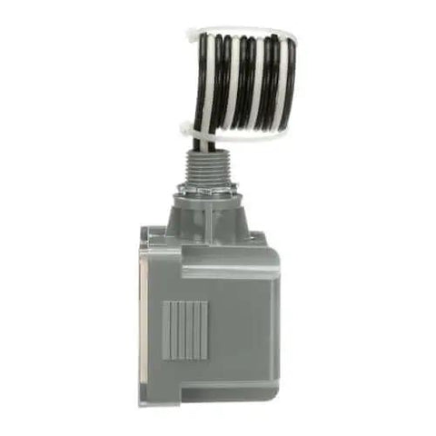 SurgePro protective device externally mounted wired Type 1 SPD, side view showing gray body and coiled wires for residential use