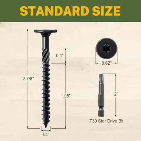 Heavy Duty Structural Wood Lag Screws For Outdoor Decks And Timber Projects LionMAX 14 Gauge Size Two And Seven Eighths Inch 50 Pack Exterior Rust Resistant Black Coated Flat Head Star Drive T30 Bit Included For Decks Sheds Landscaping And Outdoor Builds with dimensions and T30 star drive bit shown
