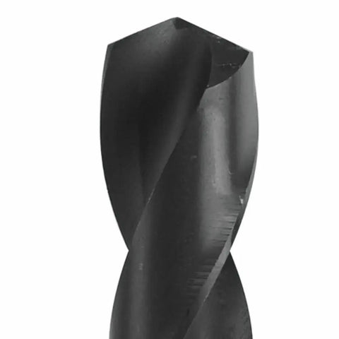 Close-up of Speed Helix Black Oxide Drill Bit One Quarter Inch By Twelve Inch Extra Length Aircraft Drill Bit For Metal Three Times Faster Drilling And Up To Fifty Percent Longer Life Than High Speed Steel Reduced Shank Options In Jobber Or Stubby Length
